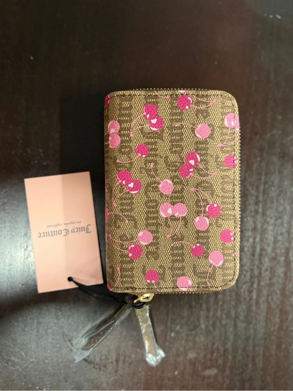 Juicy Couture Brown Cherry Print Zip Card Holder with Pink Accents